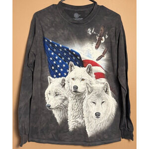 The Mountain Gray Wolf Shirt American Flag Long Sleeve Tee Size Medium M